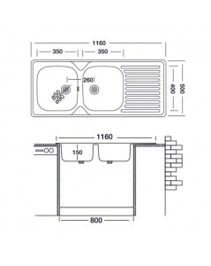 Lavello Incasso Acciaio Inox 116x50 cm Doppia Vasca e Gocciolatoio DX SA138