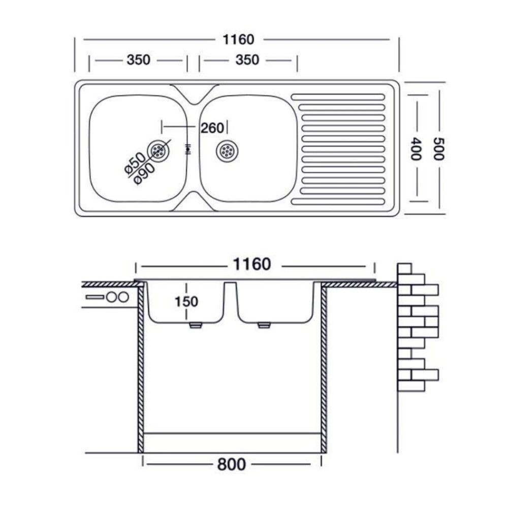 Lavello incasso acciaio inox 116x50 cm doppia vasca e gocciolatoio sinistro SA138