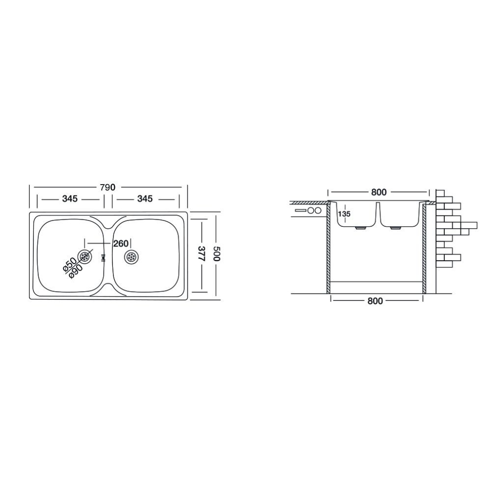 Lavello inox 2 vasche con mobile sottolavello 100x50 — Bagnochic