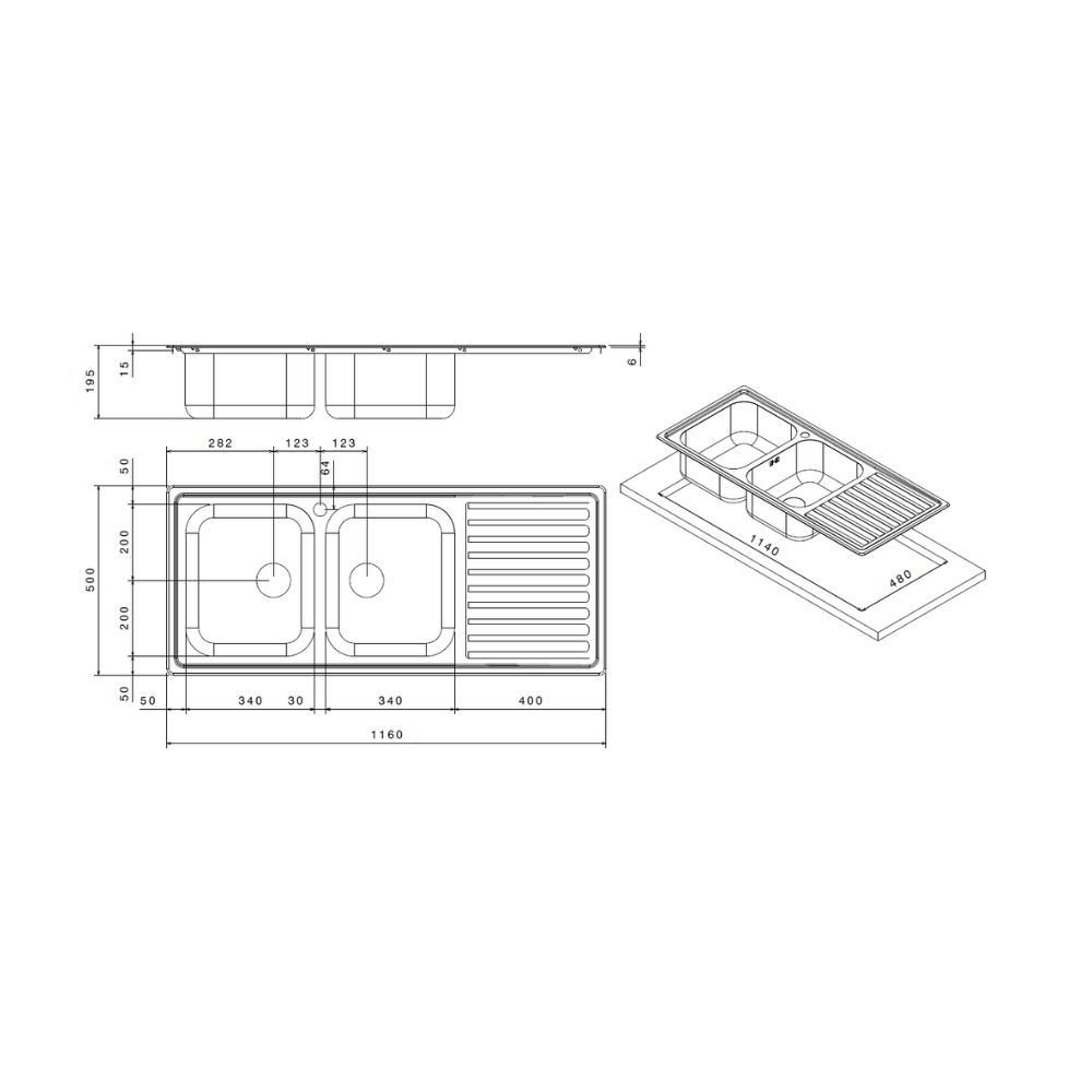 CM Lavello Cucina 2 vasche con Gocciolatoio SX in Acciaio Inox 120 x 60 cm  - 031137.D1.01.2009