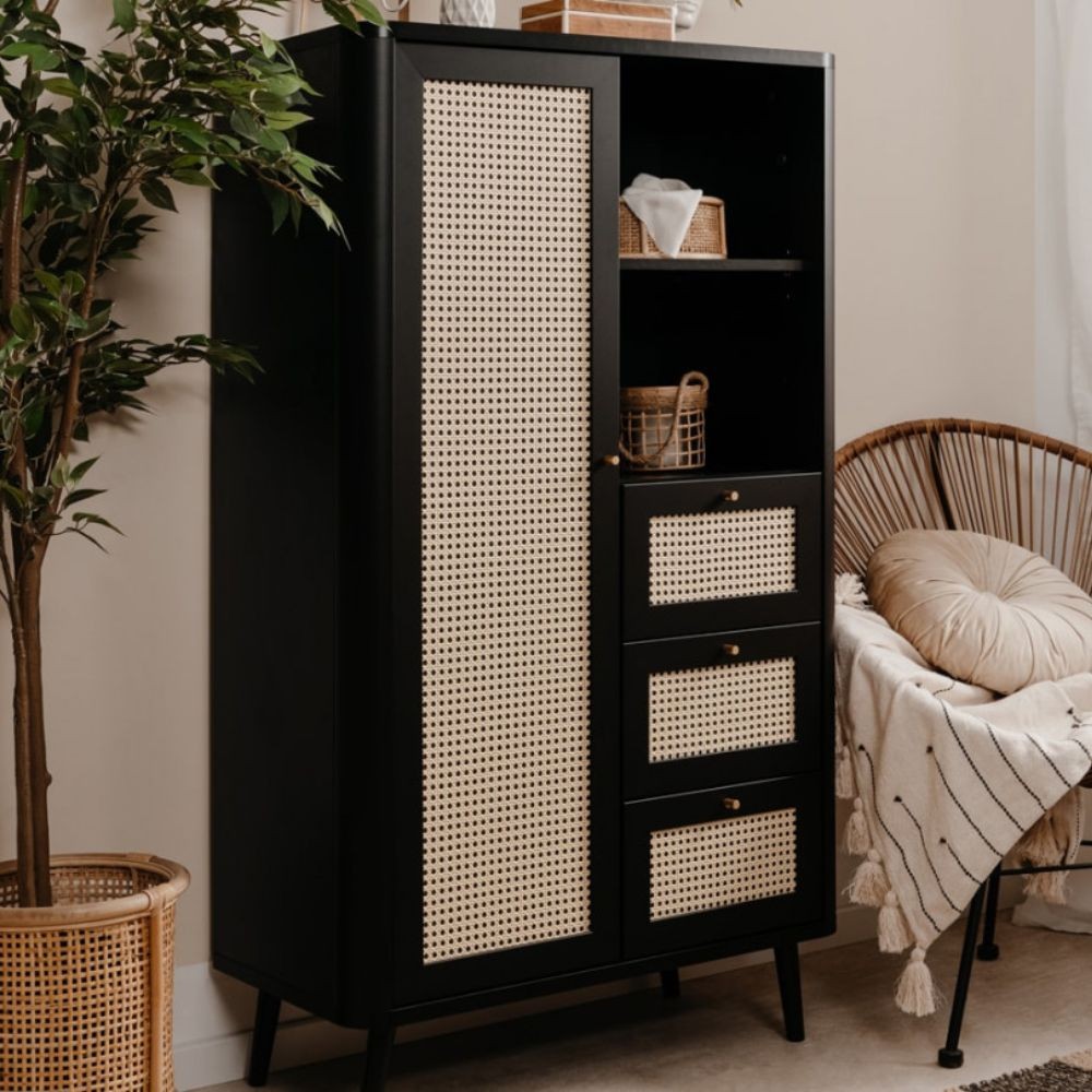 Credenza 3 cassetti e anta effetto rafia KUTA53 colore nero