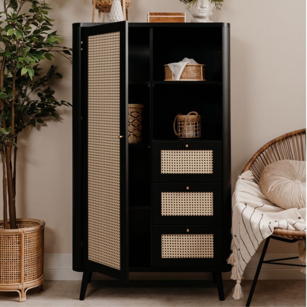 Credenza 3 cassetti e anta effetto rafia KUTA53 colore nero