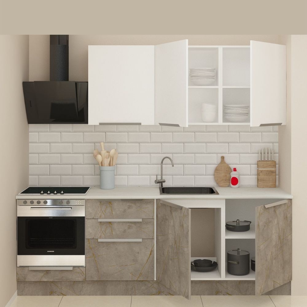 Cucina 240 cm Potenza con elettrodomestici colore cemento e bianco