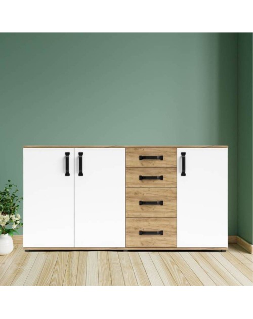 Credenza rovere bianco 3 ante e 4 cassetti 160x32x83 Mosso MO5