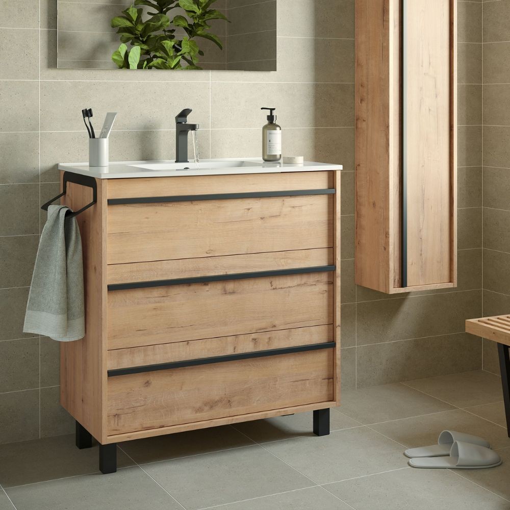 Mobile bagno sospeso Ador80 rovere ostippo con lavabo 2 cassetti