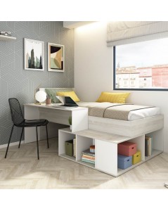 Letto con scrivania e contenitori a giorno bianco consumato e bianco 6040