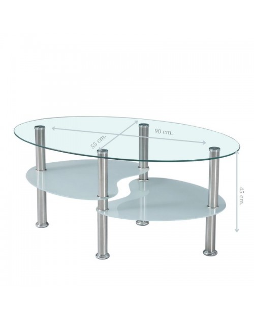 Tavolino basso, piano ovale in cristallo, per salotto