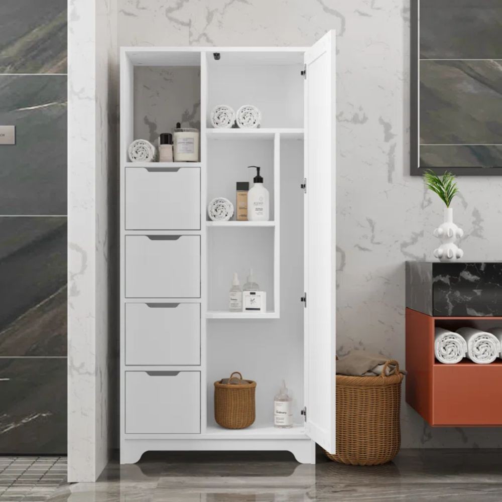 Armadio multiuso con 4 cassetti vano a giorno e anta Yada Midi colore bianco 77x29,6x164,5