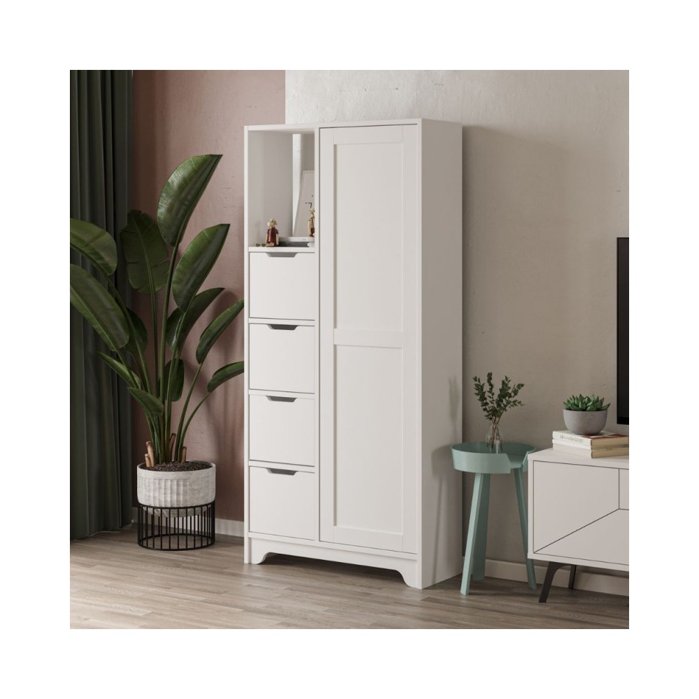 Armadio multiuso con 4 cassetti vano a giorno e anta Yada Midi colore bianco 77x29,6x164,5