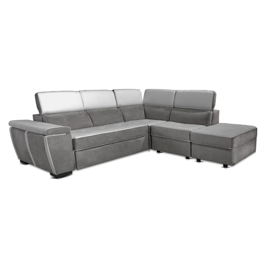 Divano letto estraibile tessuto bicolore grigio e grigio chiaro con penisola reversibile Kutri Luna24 e Luna16 280x230x85h