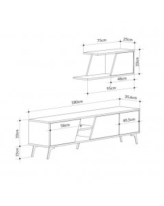 Porta TV Rovere Antracite Fiona 180X35,6X48 con Mensola a Parete