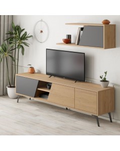 Porta TV Rovere Antracite Fiona 180X35,6X48 con Mensola a Parete