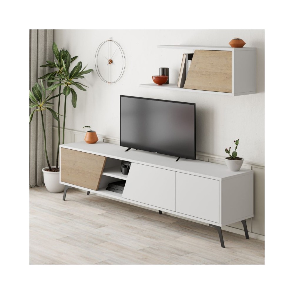 Porta TV bianco rovere Fiona 180X35,6X48 con mensola a parete