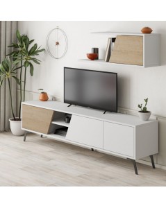 Porta TV Bianco Rovere Fiona 180X35,6X48 con Mensola a Parete