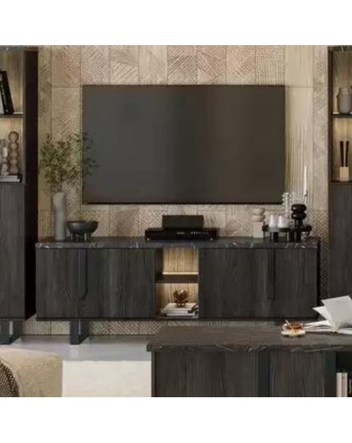 Mobile porta tv 124x50h cm in legno rovere e nero con anta a ribalta e gambe