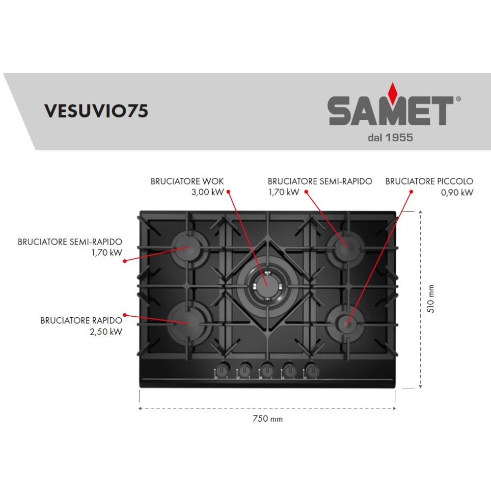 Piano cottura gas in vetro Vesuvio75 Samet