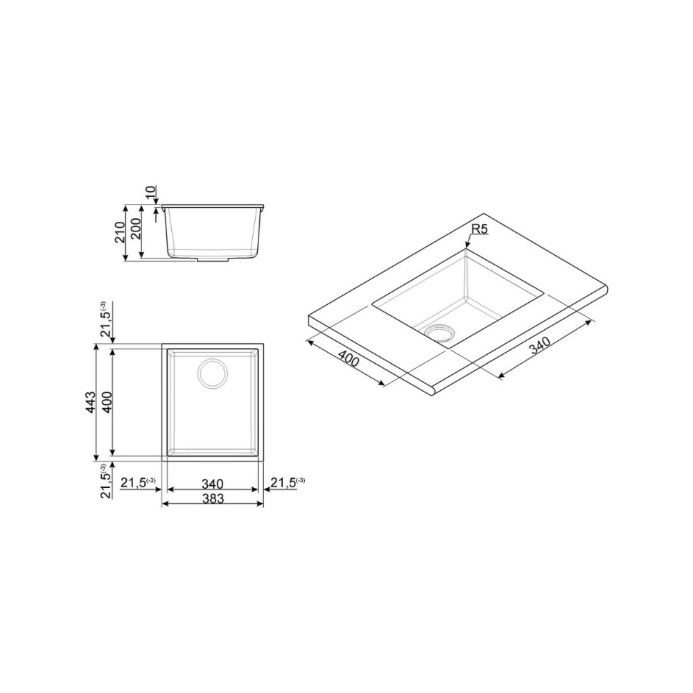 Lavello incasso monovasca sottotop 38x44 Smeg VZUM40AV2 avena