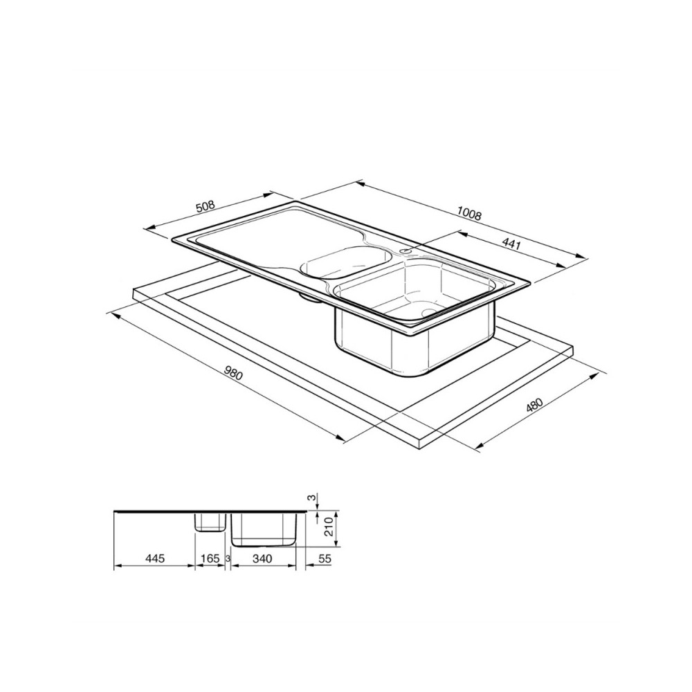 Lavello incasso 2 vasche gocciolatoio destro 100x50 Smeg LV100D3 inox