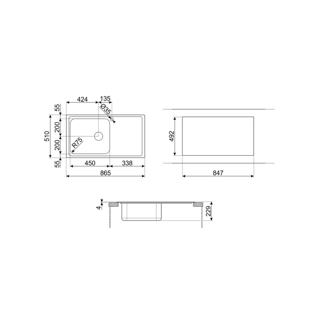 Lavello incasso 1 vasca e gocciolatoio destro 86x50 Smeg LV951D3 inox