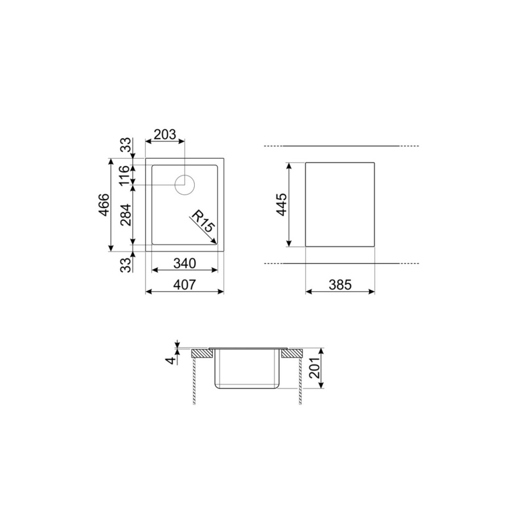 Lavello incasso monovasca semifilo 40x46 Smeg VQR40 inox spazzolato