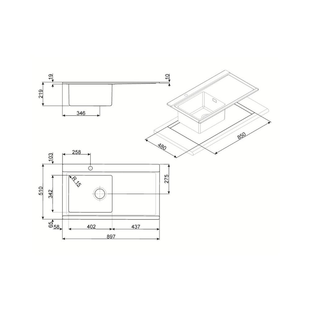 Lavello incasso 1 vasca e gocciolatoio destro 90x50 Smeg LRX901D inox spazzolato