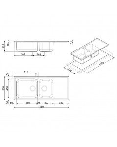 Lavello Incasso 2 Vasche e Gocciolatoio Destro 116x50 Smeg LG116D2