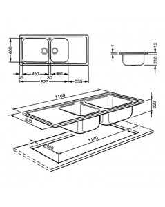 Lavello Incasso Semifilo 2 Vasche e Gocciolatoio Sinistro 116x50 Smeg