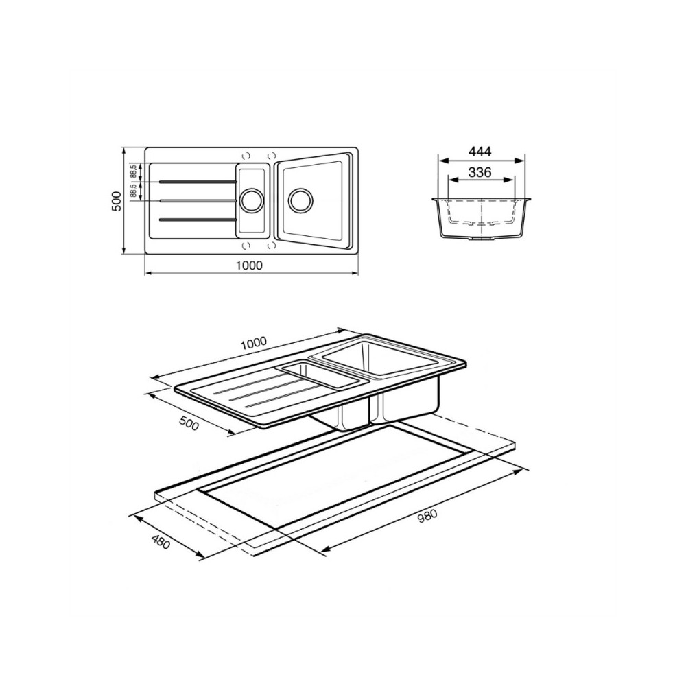 Lavello incasso 2 vasche e gocciolatoio reversibile 100x50 Smeg LS102T titanio