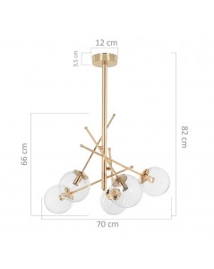 Lampada a Sospensione con 5 Paralumi in Vetro e Struttura in Metallo Oro