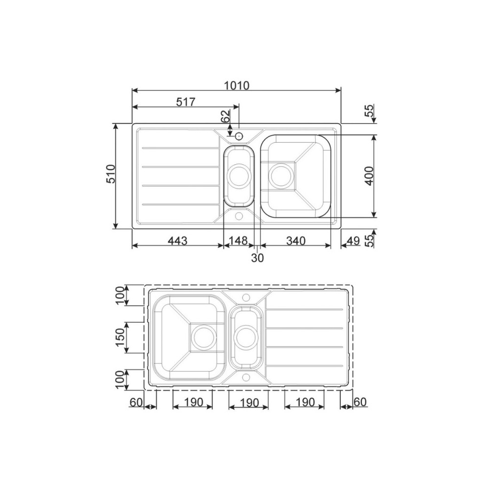 Lavello incasso 2 vasche e gocciolatoio reversibile 100x50 Smeg LFB112 inox spazzolato