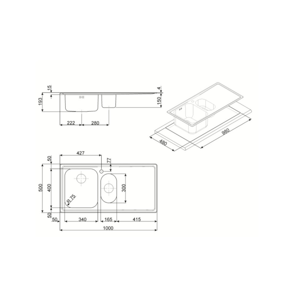 Lavello incasso semifilo 2 vasche e gocciolatoio sinistro 100x50 Smeg LE102S2 inox spazzolato