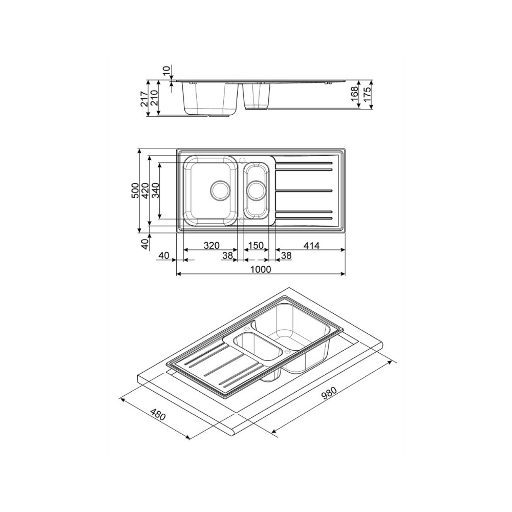 Lavello incasso 2 vasche e gocciolatoio reversibile 100x50 Smeg LZ102TT colore titanio