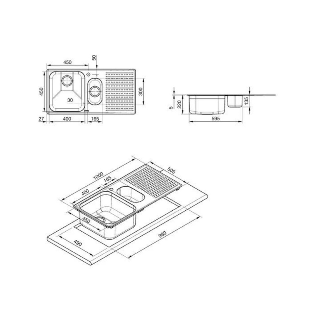 Lavello incasso 2 vasche e gocciolatoio sinistro 100x50 Smeg LTS102S2 inox spazzolato