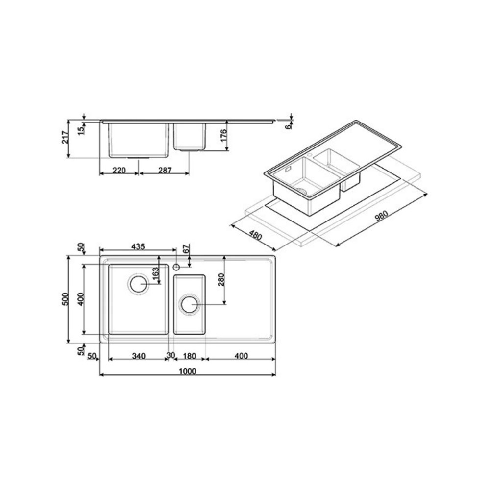 Lavello incasso 2 vasche e gocciolatoio sinistro 100x50 Smeg LD102S2 inox