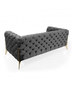 Divano 2 Posti Design Chesterfield in Velluto Grigio Scuro e Gambe Oro