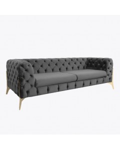 Divano 2 Posti Design Chesterfield in Velluto Grigio Scuro e Gambe Oro