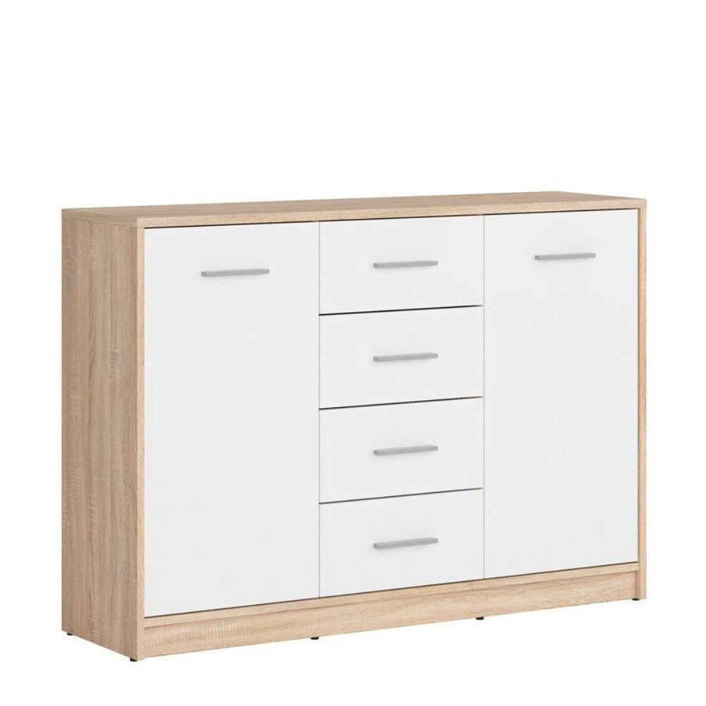 Madia stile scandinavo 2 ante e 4 cassetti colore rovere e bianco Nepo 119x34x84h