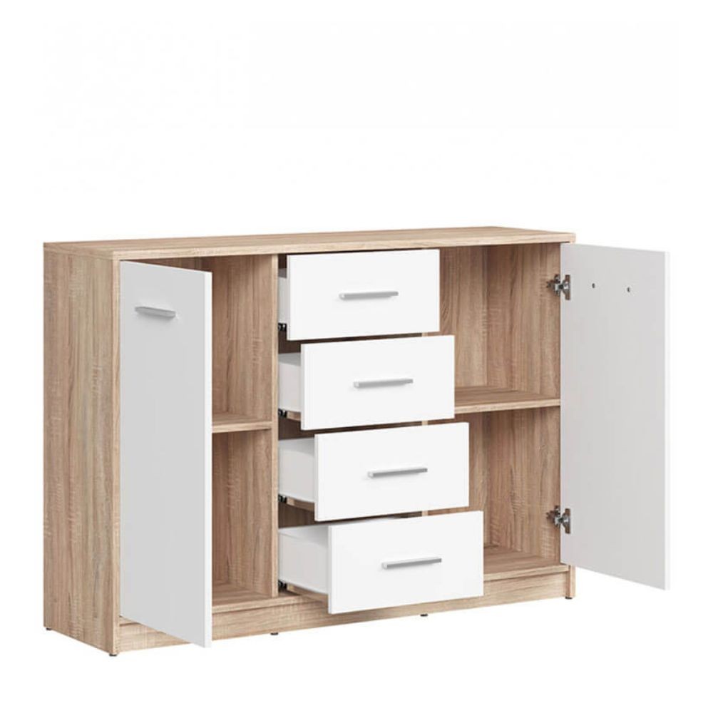 Madia stile scandinavo 2 ante e 4 cassetti colore rovere e bianco Nepo 119x34x84h