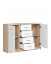 Madia stile scandinavo 2 ante e 4 cassetti colore rovere e bianco Nepo 119x34x84h