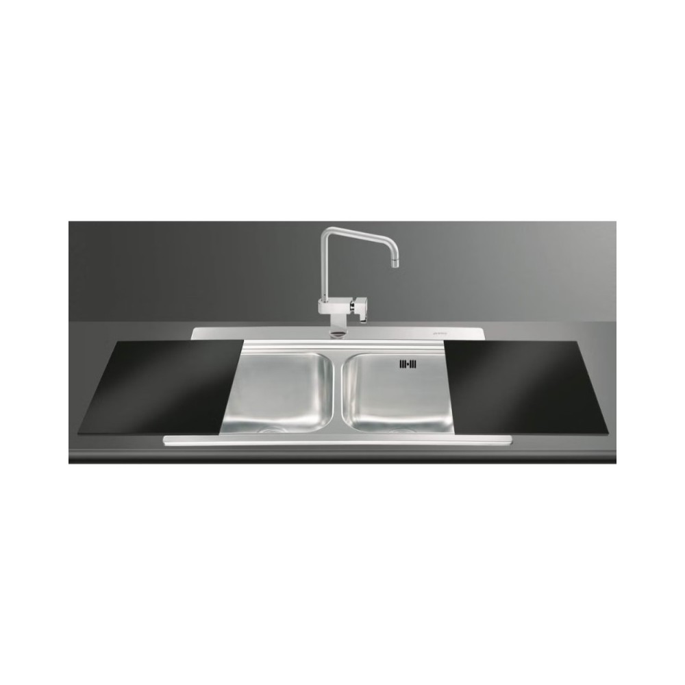 Lavello incasso 2 vasche 90x50 con taglieri in vetro nero Smeg LI92N inox spazzolato