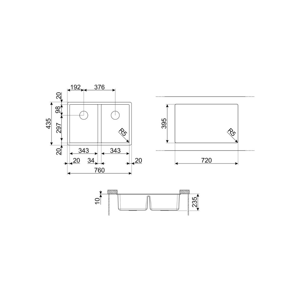 Lavello incasso 2 vasche sottotop Smeg VZUM3434CT 76x44 colore cemento