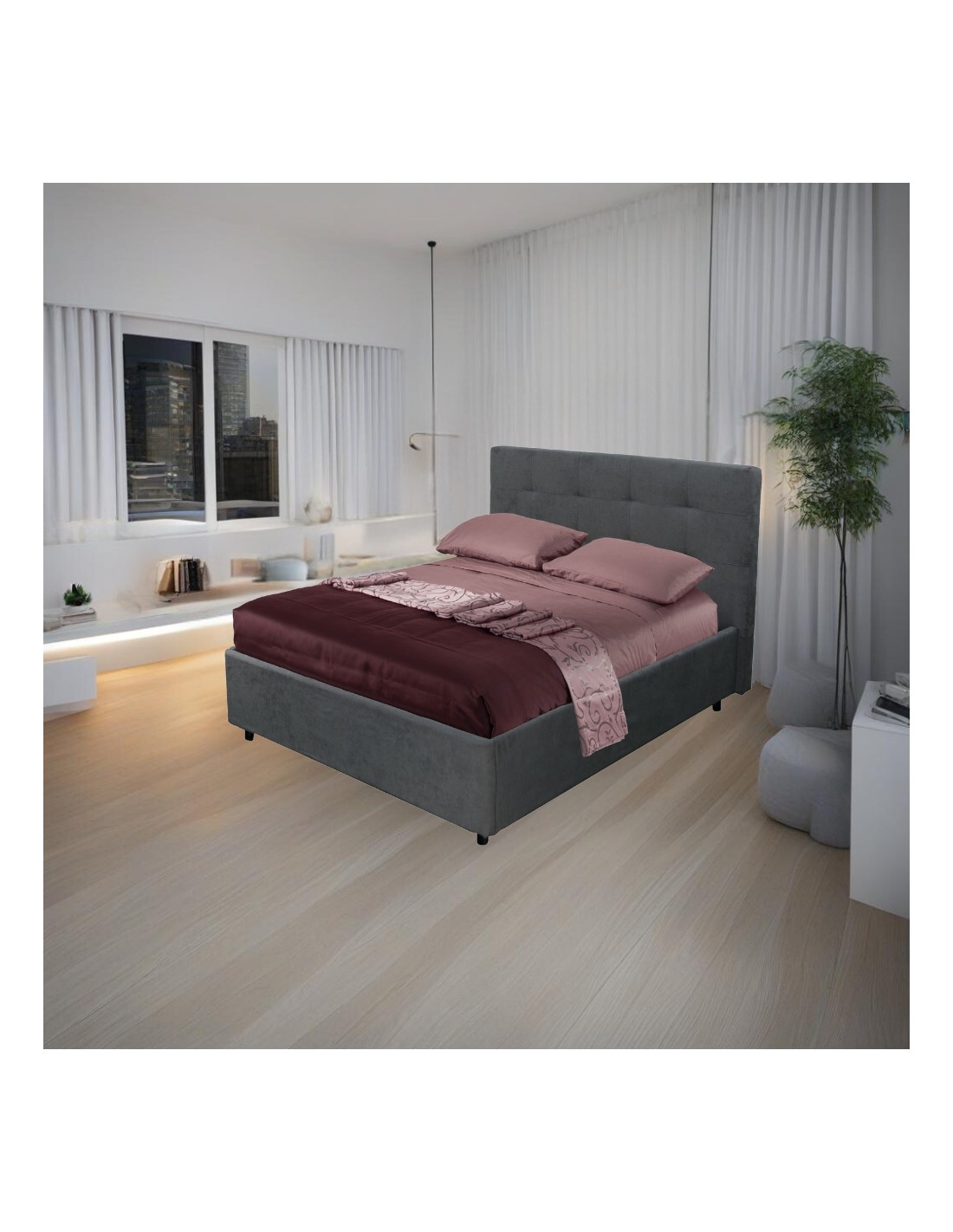 Letto una piazza e mezza contenitore tessuto ash grigio Ascoli 142x210x110H