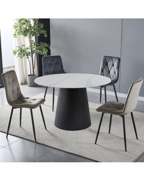 Tavolo rotondo piano ceramica effetto marmo bianco e base metallo nera Lauren 120x120x76H