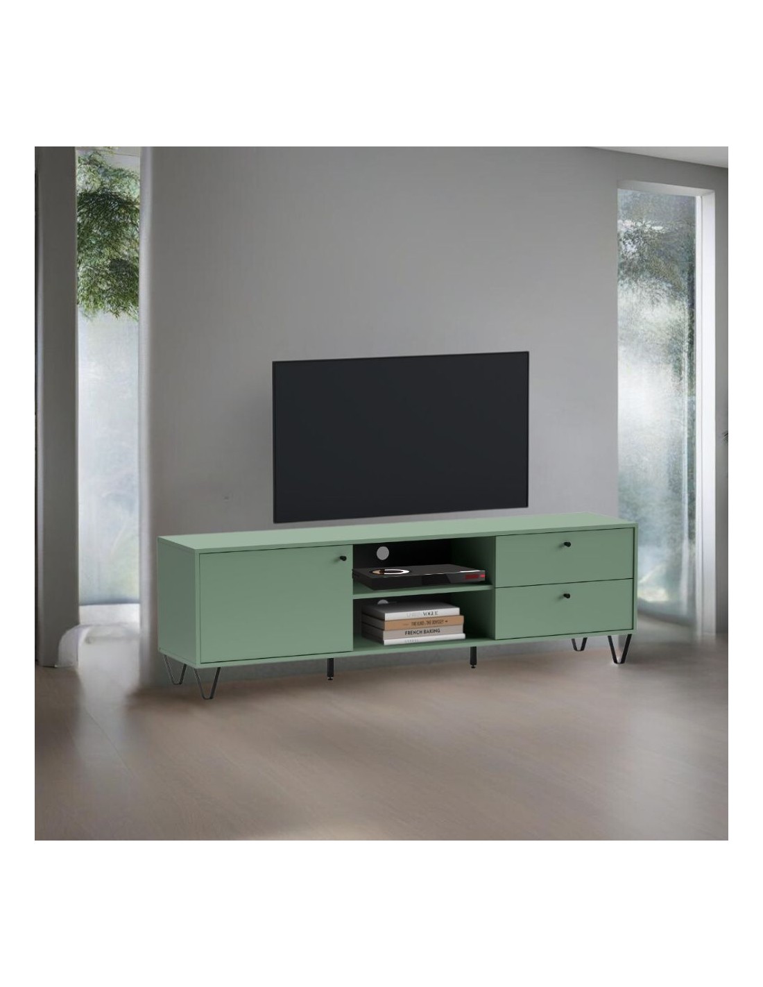 Mobile porta TV verde Aldo1 con anta cassetti e vano a giorno 182x40x50,1H