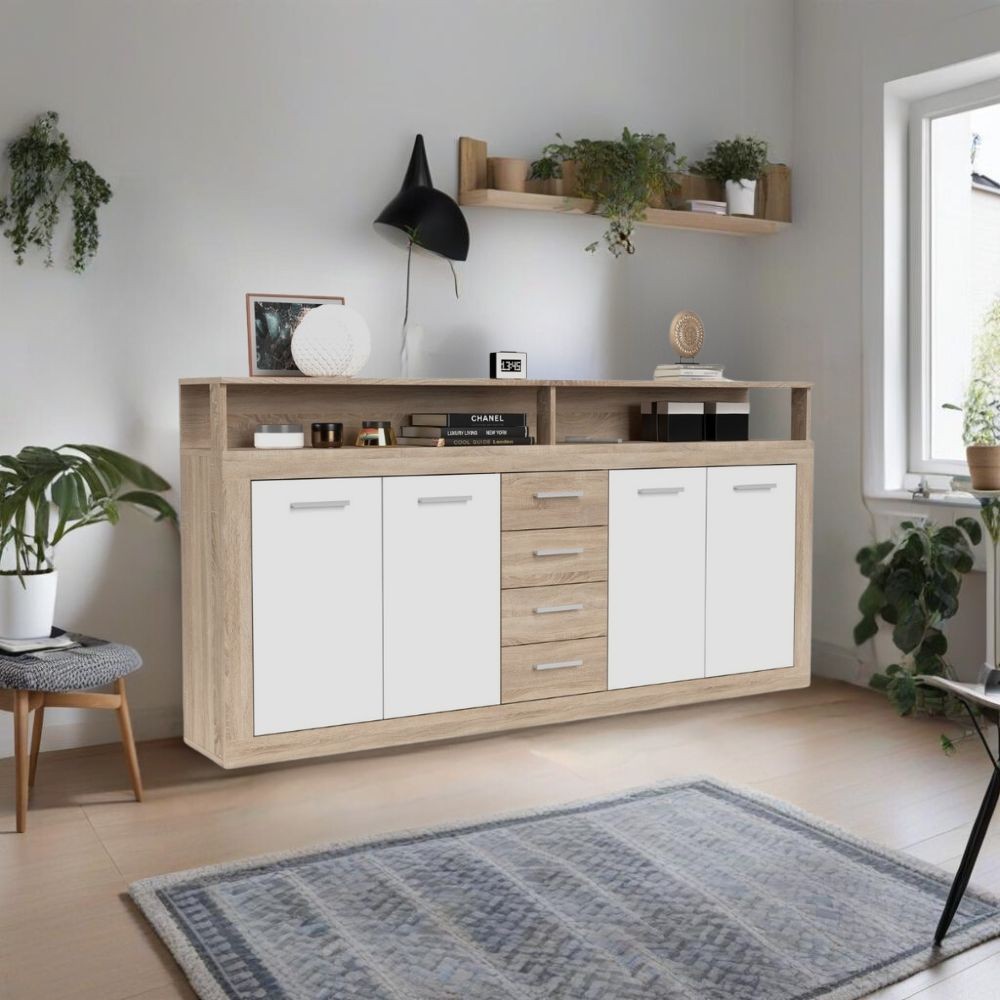 Credenza 4 ante colore bianco e cassetti rovere LunaXXL 190x31.9x95.9H