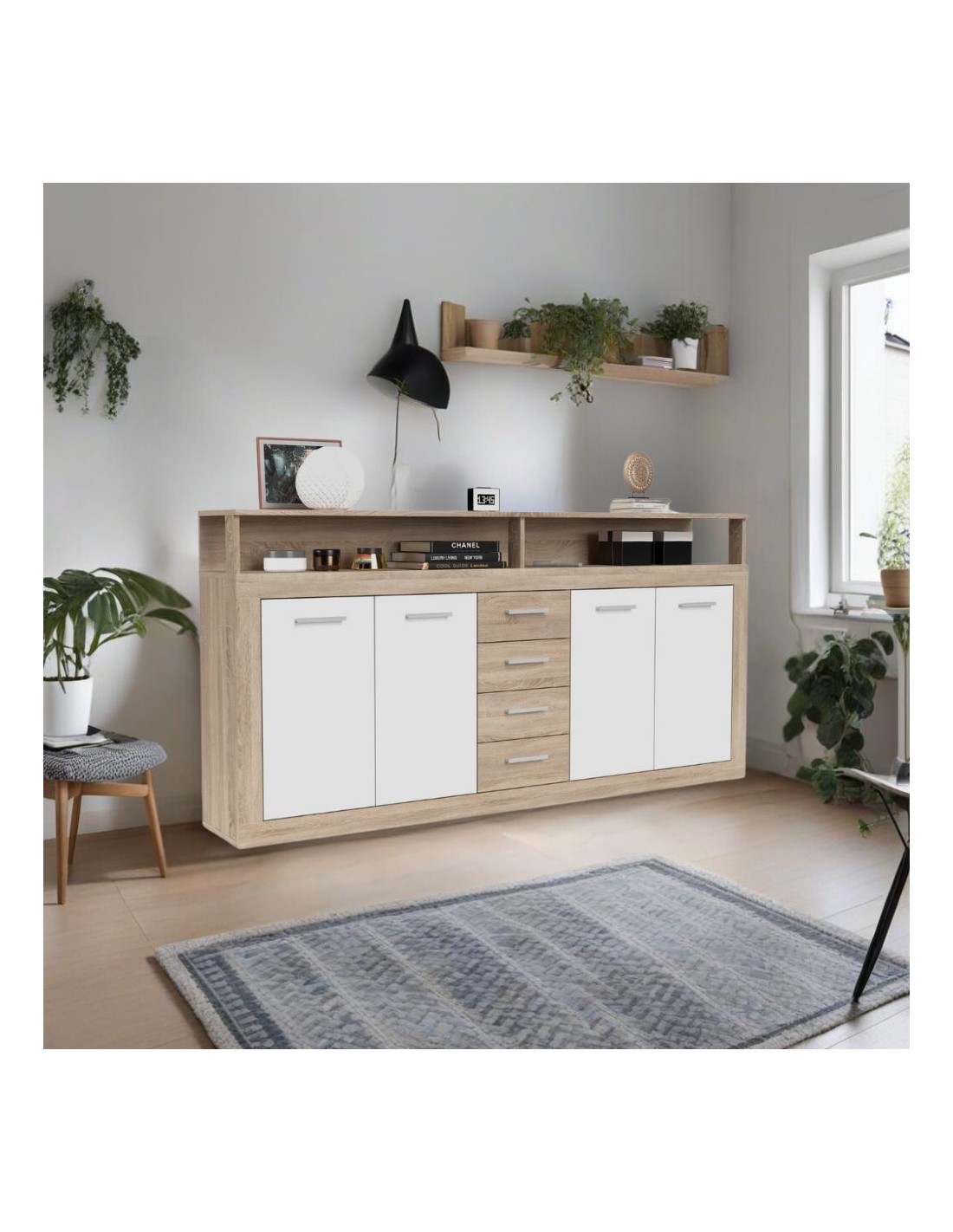 Credenza 4 ante colore bianco e cassetti rovere LunaXXL 190x31.9x95.9H