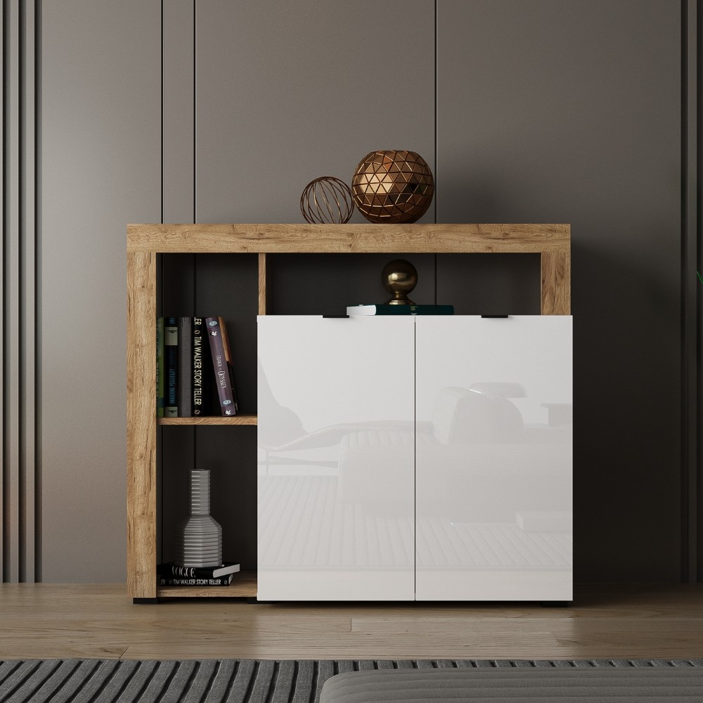 Credenza 2 ante e cornice con vani a giorno rovere tabacco e bianco Nexon3 108x39.4x93H