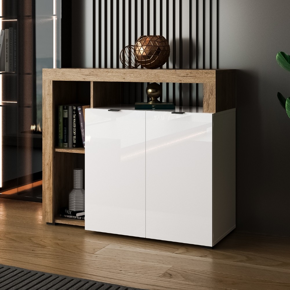 Credenza 2 ante e cornice con vani a giorno rovere tabacco e bianco Nexon3 108x39.4x93H