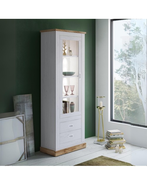 Vetrina colore pino bianco e rovere 2 cassetti e anta Anthony23 73x39,6x204H stile shabby