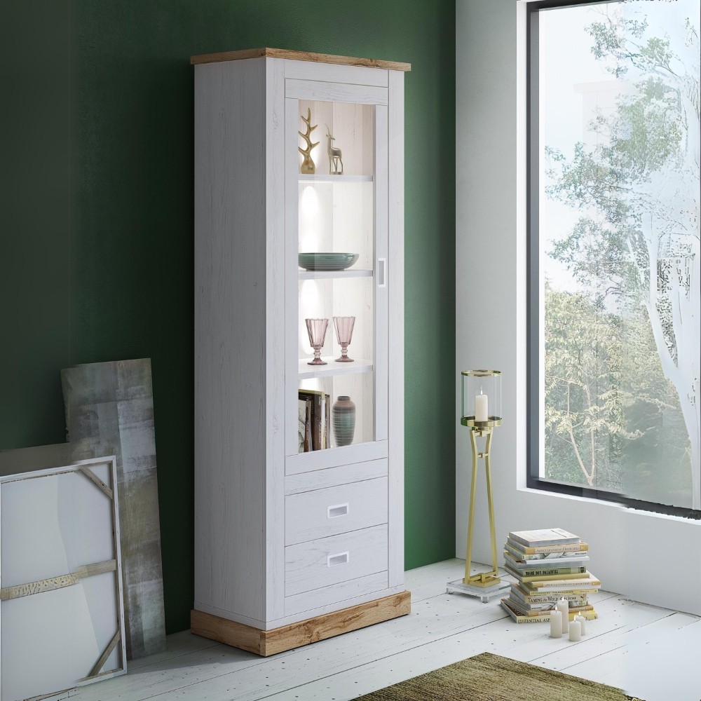 Vetrina colore pino bianco e rovere 2 cassetti e anta Anthony23 73x39,6x204H stile shabby